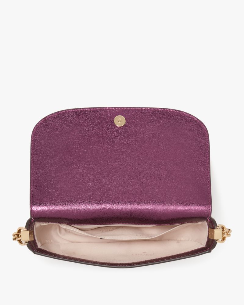 Kate Spade,Krista Metallic Chain Flap Crossbody,Leather,Saddle Bag,Logo,Metal,Gold Metal,Day Party,Purple