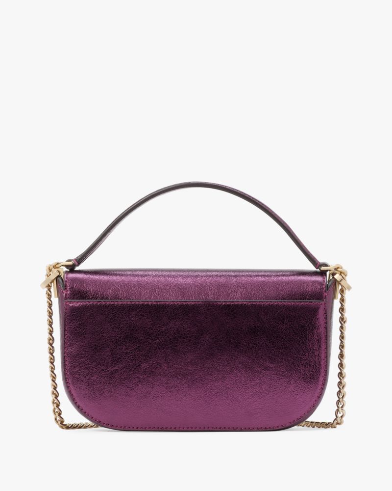 Kate Spade,Krista Metallic Chain Flap Crossbody,Leather,Saddle Bag,Logo,Metal,Gold Metal,Day Party,Purple