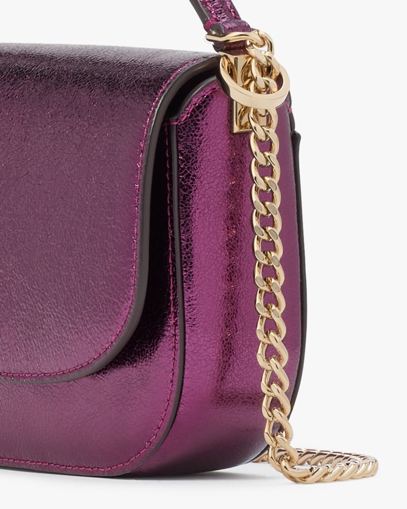 Kate Spade,Krista Metallic Chain Flap Crossbody,Leather,Saddle Bag,Logo,Metal,Gold Metal,Day Party,Purple