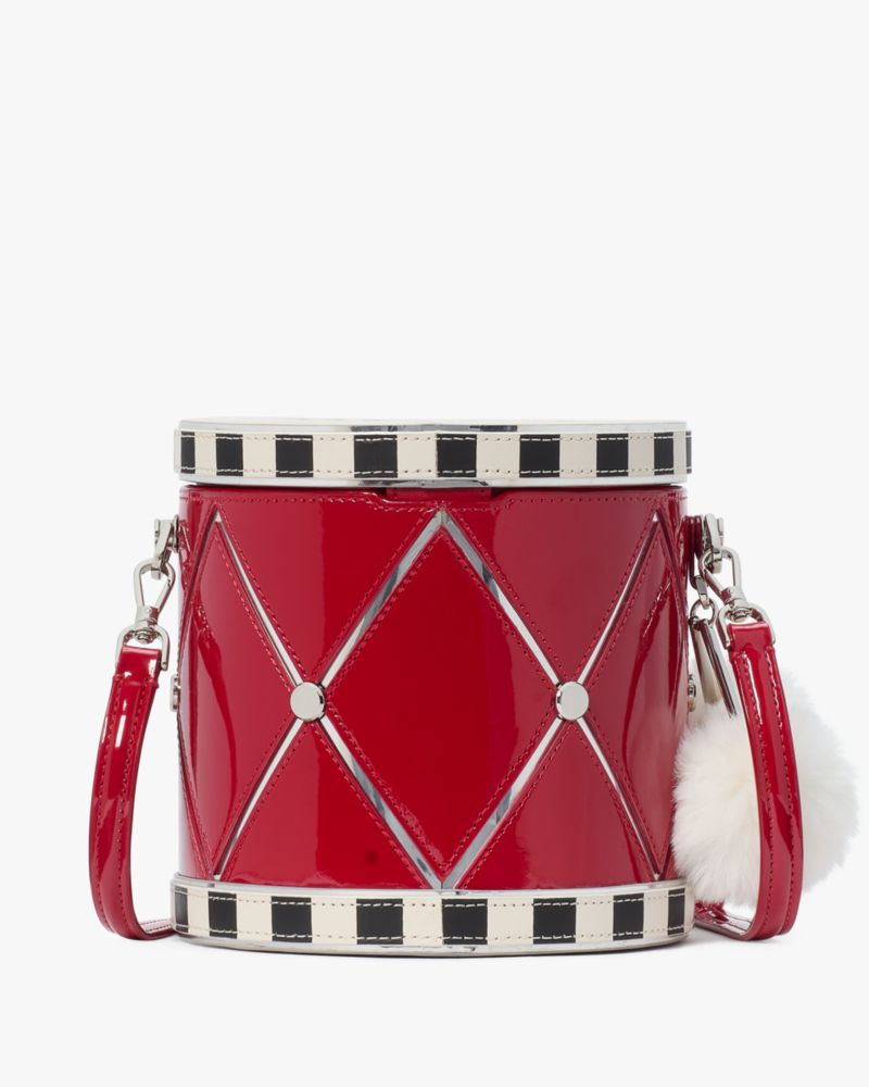 Kate Spade,Oh What Fun Toy Store 3D Drum Crossbody,Crossbody,Logo,Metal,Studded,Fur Embellishment,Pom Pom,Pattern,3D Embel...,Red