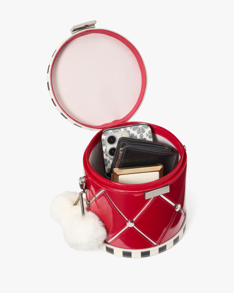 Kate Spade,Oh What Fun Toy Store 3D Drum Crossbody,Crossbody,Logo,Metal,Studded,Fur Embellishment,Pom Pom,Pattern,3D Embel...,Red