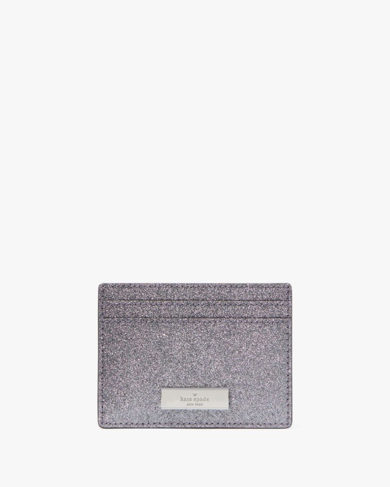 Kate Spade,Kenzie Boxed Glitter Small Cardholder,Card Case,Faux Leather,Logo,Metal,Embellished,Glitter,Casual,Silver