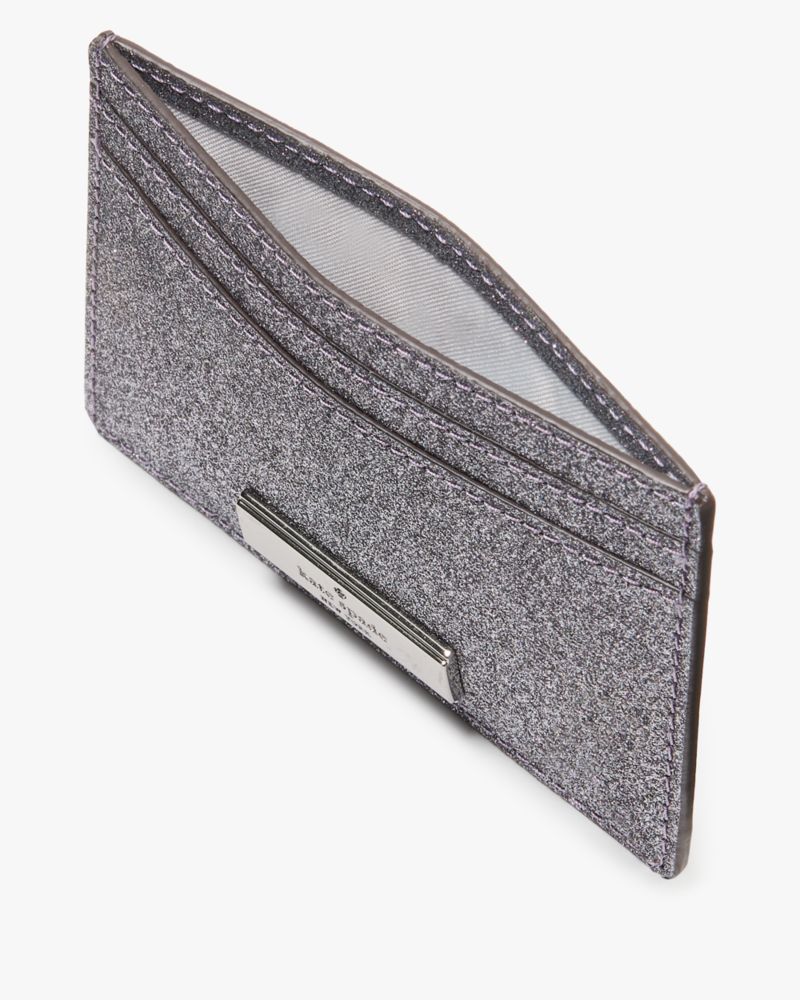 Kate Spade,Kenzie Boxed Glitter Small Cardholder,Card Case,Faux Leather,Logo,Metal,Embellished,Glitter,Casual,Silver