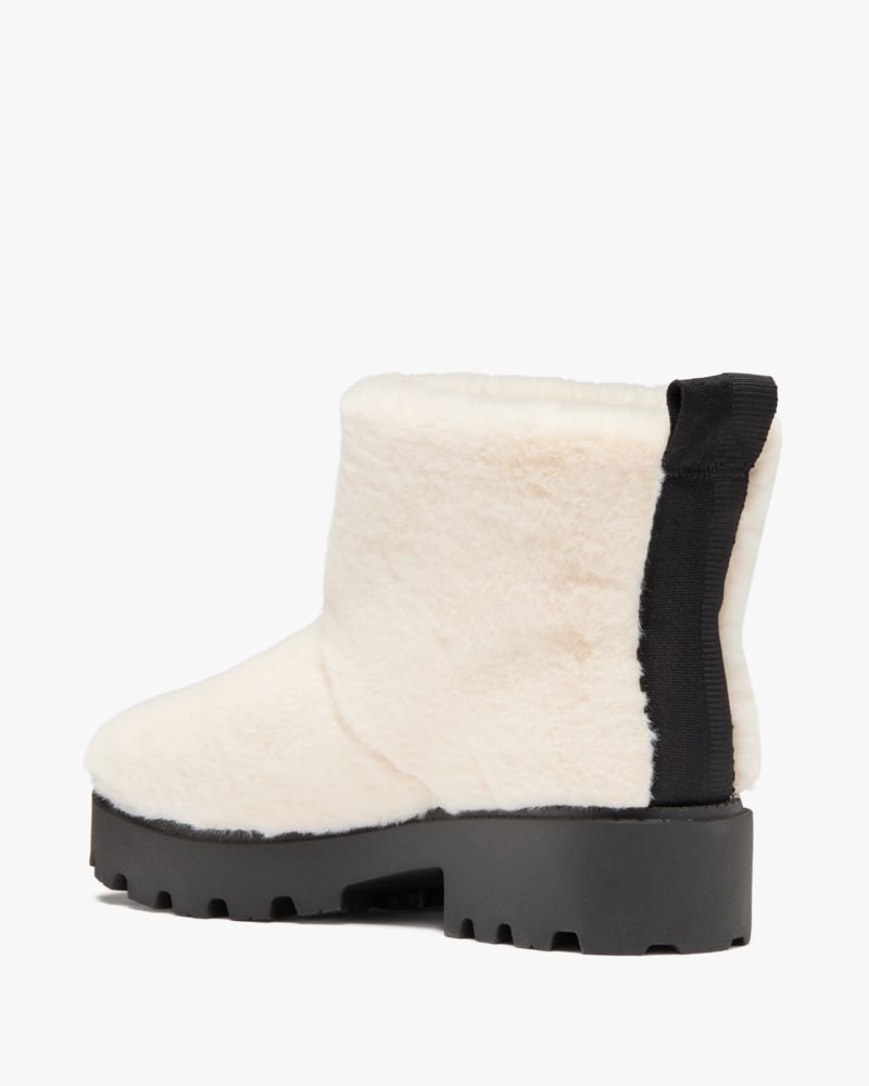 Kate Spade,Puffed Faux Fur Pull-on Booties,Faux Fur,Winter,Fabric,Logo,Metal,Pull Tab,Outdoor,Cream