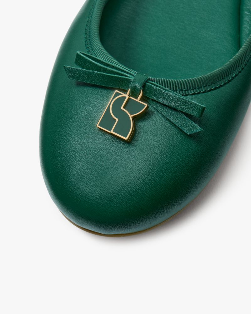Kate Spade,Dakota Charm Ballet Flats,Nappa Leather,Ballet Flats,Metal,Bow,Logo,Casual,Emerald