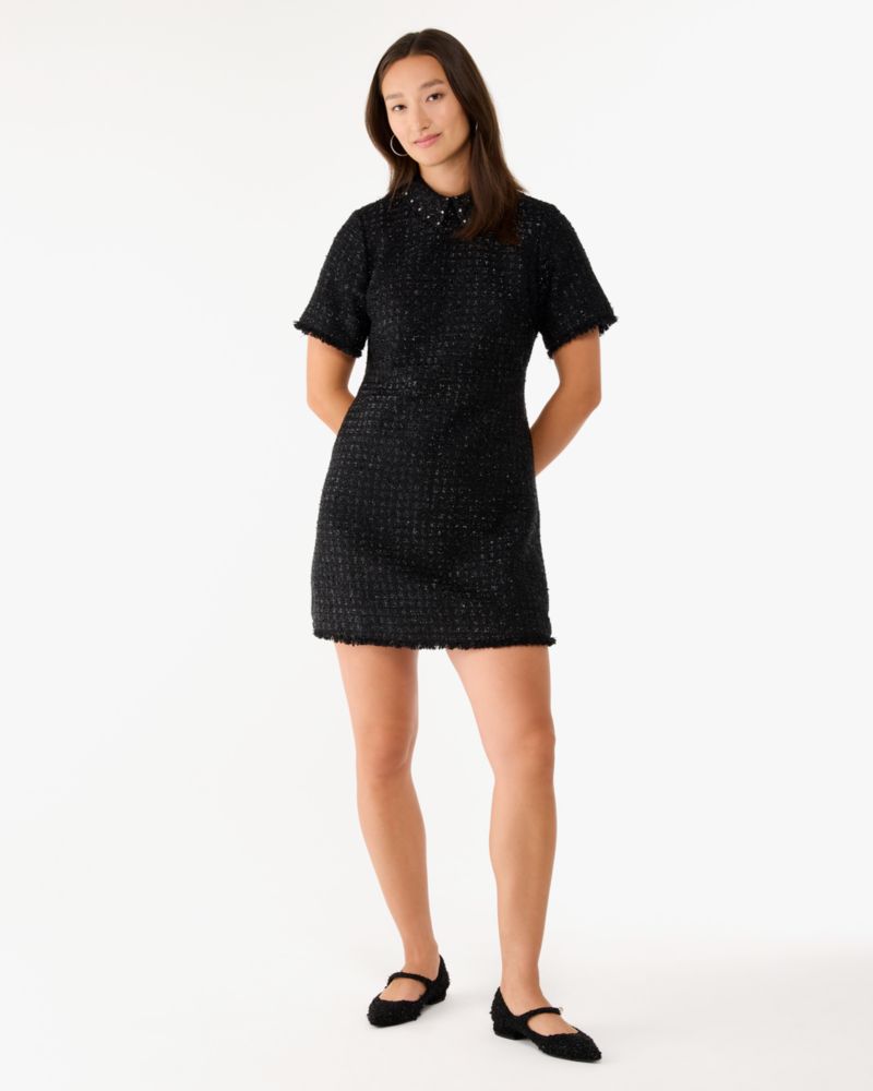 Kate Spade,Embellished Collar Holiday Tweed Dress,Black