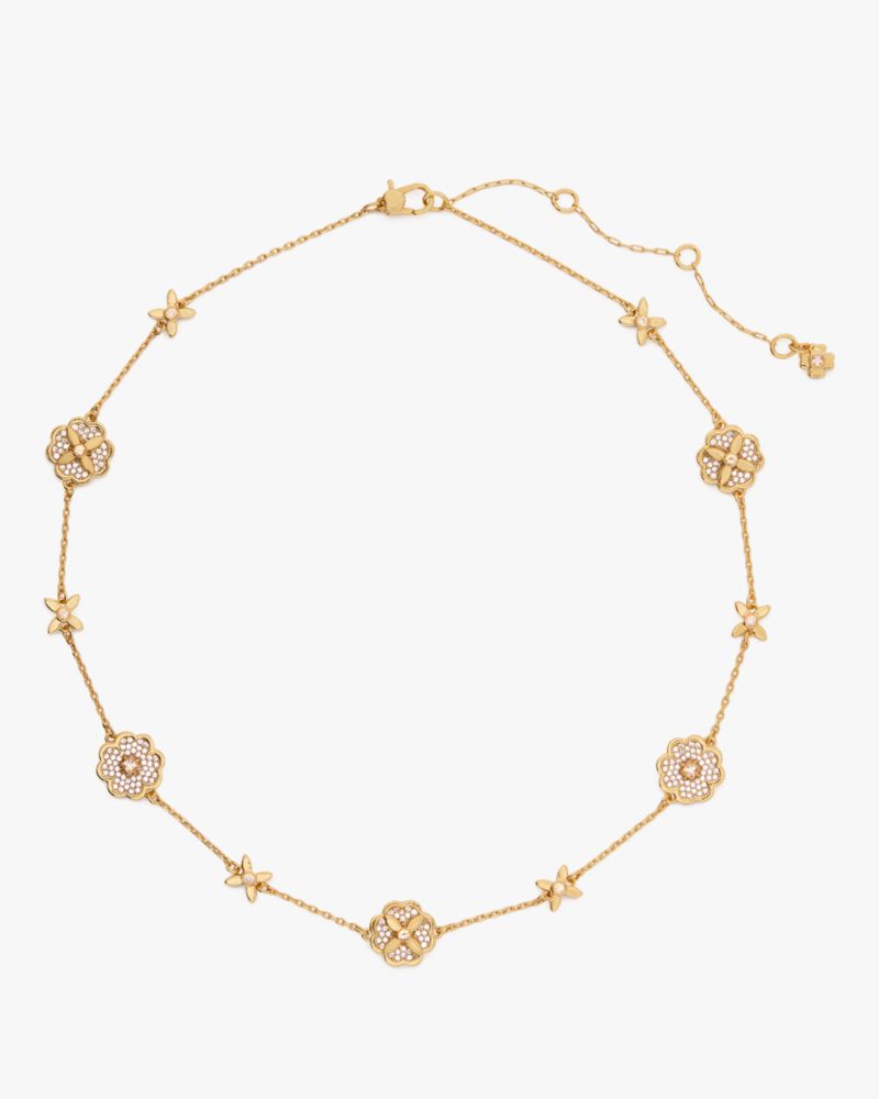 Kate Spade,Heritage Bloom Scatter Necklace,Single Strand,Floral Embellishment,Rhinestones,Gold Metal,Day Party,Clear