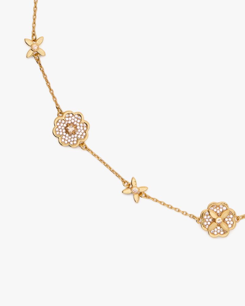 Kate Spade,Heritage Bloom Scatter Necklace,Single Strand,Floral Embellishment,Rhinestones,Gold Metal,Day Party,Clear