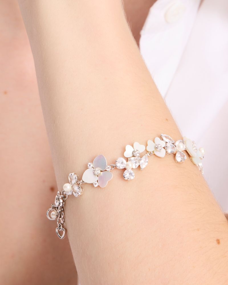 Kate Spade,Precious Pansy Bracelet,Mother of Pearl,Floral Embellishment,Silver Metal,Day Party,