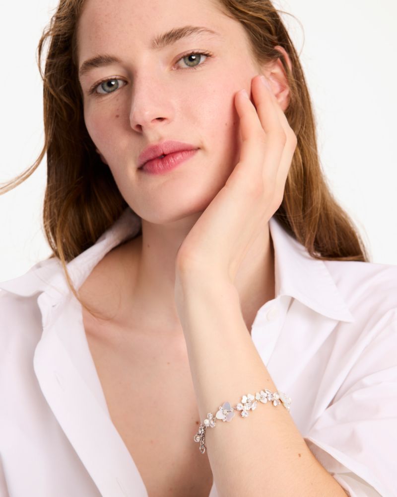 Kate Spade,Precious Pansy Bracelet,Mother of Pearl,Floral Embellishment,Silver Metal,Day Party,