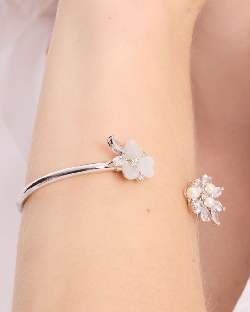 Kate Spade,Precious Pansy Flex Cuff,Mother of Pearl,Floral Embellishment,Silver Metal,Day Party,Multi Color