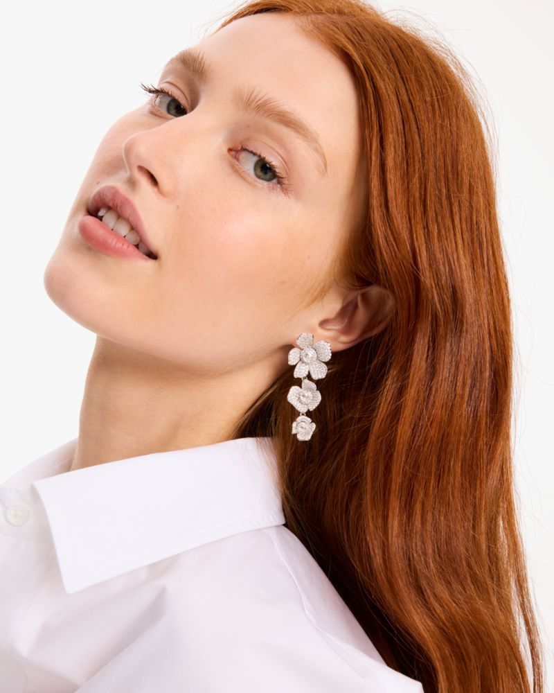 Kate Spade,Poppy Power Linear Earrings,Dangle Earring,Crystal,Rhinestones,Floral Embellishment,Titanium,Formal,