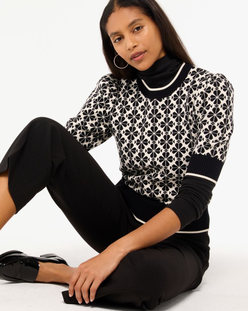 Kate Spade,Spade Flower Puff Sleeve Sweater,Polyester,Rayon,Lycra,Pullover,Sweater,Piping,Color Block,Casual,Multi Color
