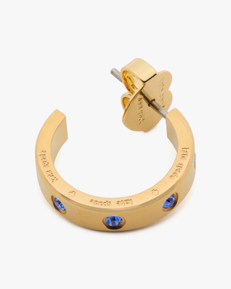 Kate Spade,Set In Stone Huggies,Huggies,Hoops,Crystal,Sapphire,Gem Embellishment,Steel,Day Party,Blue