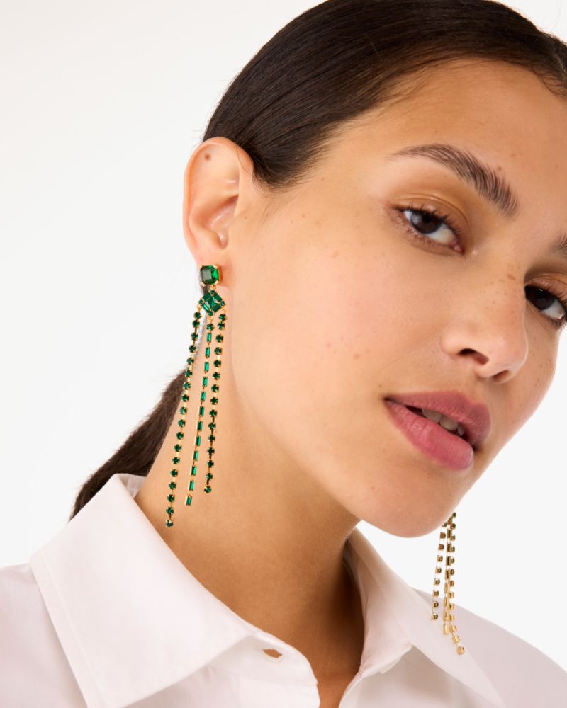 Kate Spade,Shimmy Fringe Earrings,Leather,Studs,Emerald,Metal Material,Gem Embellishment,Fringe,Gold Plated,Titanium,Day P...,Emerald