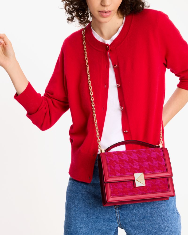 Kate Spade,Deco Houndstooth Chenille Chain Shoulder Bag,Fuchsia