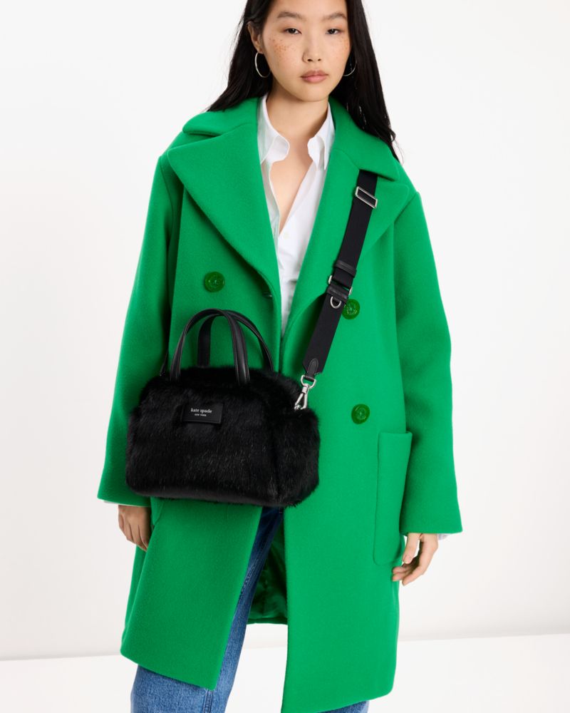 Kate Spade,Puffed Faux Fur Satchel,Faux Fur,Bowler Bag,Logo,Adjustable,Casual,