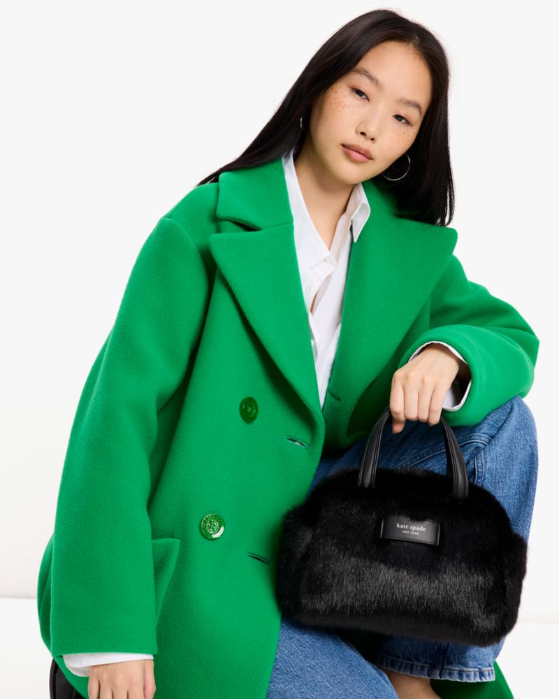 Kate Spade,Puffed Faux Fur Satchel,Faux Fur,Bowler Bag,Logo,Adjustable,Casual,