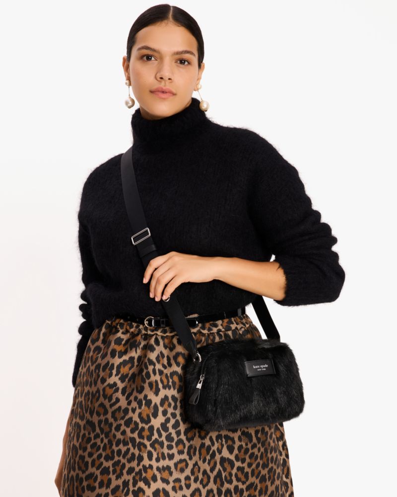 Kate Spade,Puffed Faux Fur Crossbody,Faux Fur,Crossbody,Logo,Adjustable,Casual,