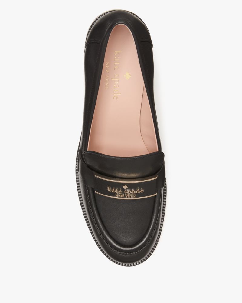 Kate Spade,Quinn Heeled Loafer,Rubber,Leather,Loafer,Logo,Penny Loafer,Metal,Work,Casual,Black