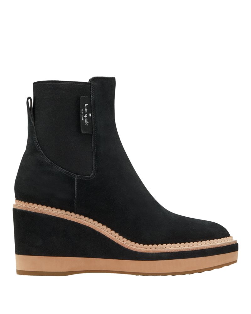 Kate Spade,Addison Wedge Bootie,Rubber,Suede,Bootie,Logo,Scallop,Tag Embellishment,Pull Tab,Day Party,Black