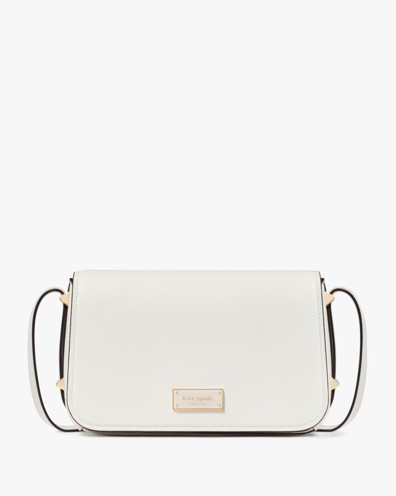 Kate Spade,Liv Small Flap Crossbody,Leather,Crossbody,Metal,Logo,Adjustable,Casual,White