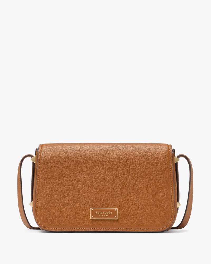 Kate Spade,Liv Small Flap Crossbody,Leather,Crossbody,Metal,Logo,Adjustable,Casual,Brown