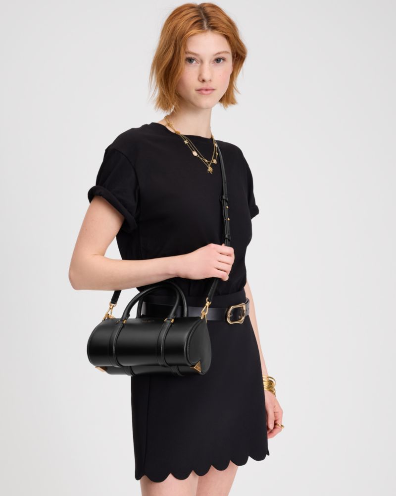 Kate Spade,Spade Icon Small Barrel Bag,Leather,Barrel Bag,Word Embellishment,Logo,Adjustable,Day Party,Black