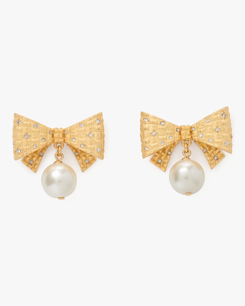 Kate Spade,Wrapped In A Bow Drop Earrings,Studs,Metal Material,Gem Embellishment,Pearl,Bow,Gold Plated,Titanium,Day Party,Multi Color