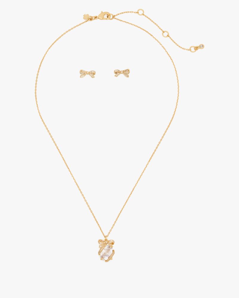 Kate Spade,Pave Present Pendant And Studs - Boxed,Studs,Single Strand,Cubic Zirconia,Gem Embellishment,Bow,Day Party,Casual,Clear