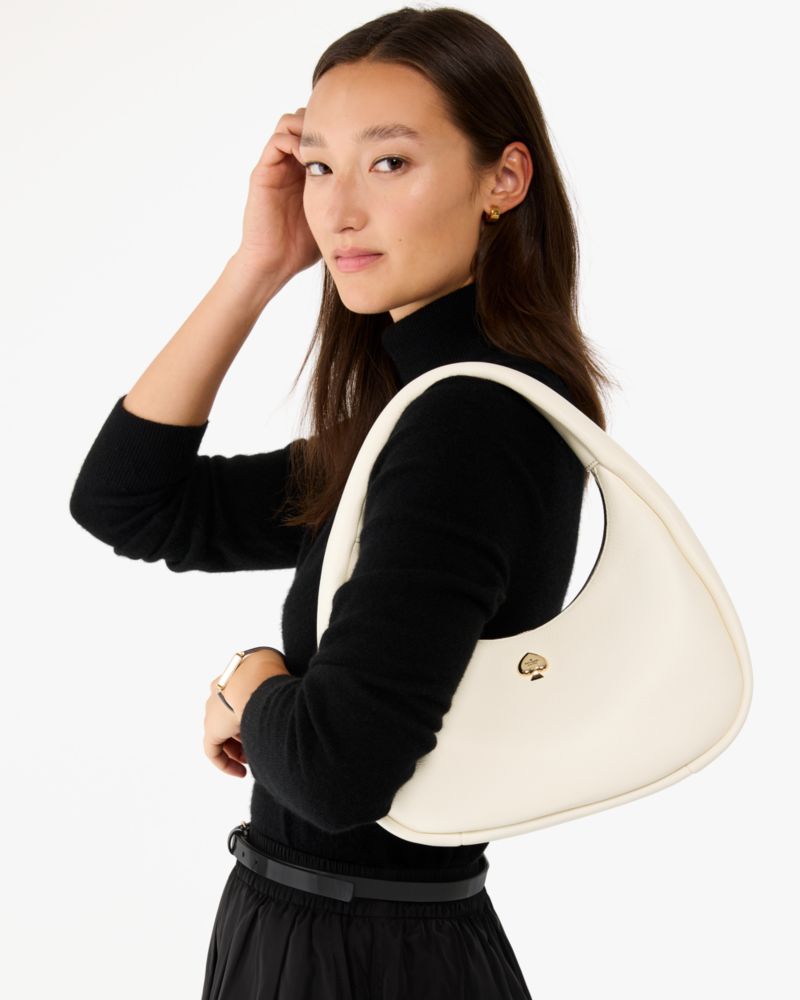 Kate Spade,Kayla Crescent Shoulder Bag,Leather,Shoulder Bag,Metal Material,Logo,Metal,Gold Metal,Casual,Cream