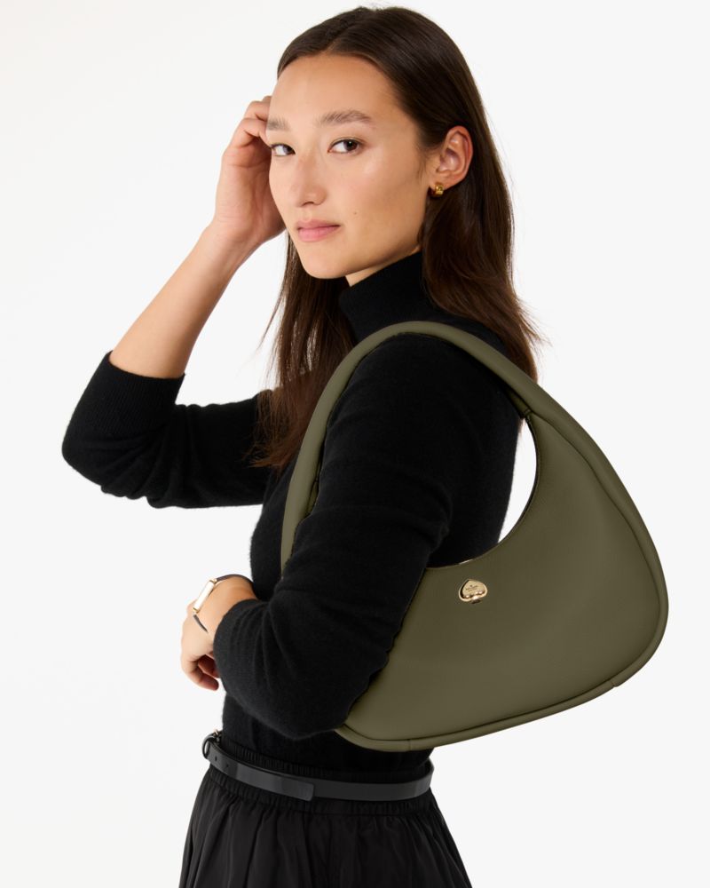 Kate Spade,Kayla Crescent Shoulder Bag,Leather,Shoulder Bag,Metal Material,Logo,Metal,Gold Metal,Casual,Olive