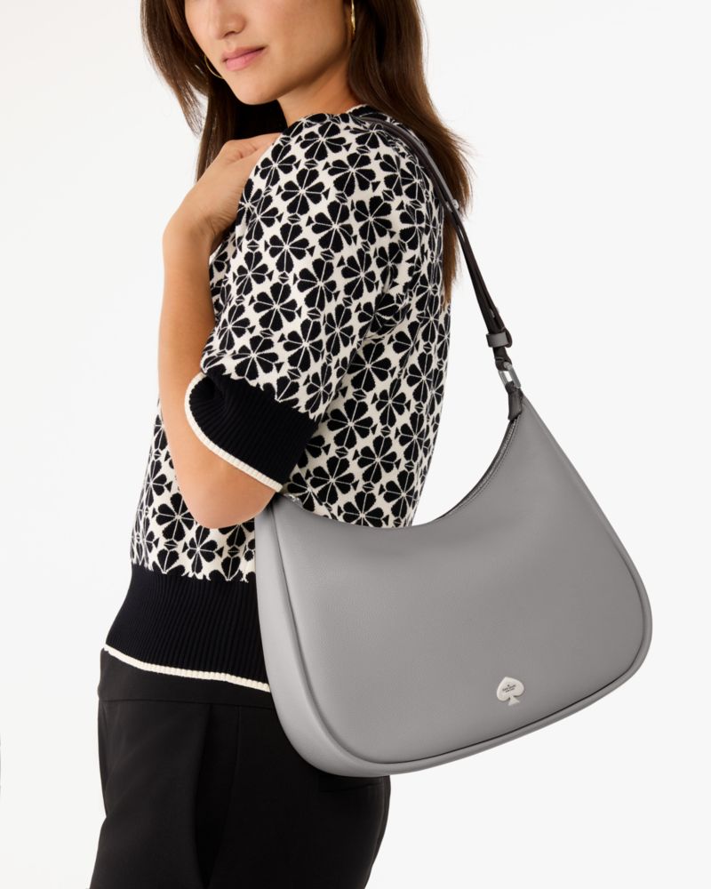 Kate Spade,Kayla Large Shoulder Bag,Leather,Shoulder Bag,Metal Material,Logo,Metal,Adjustable,Gold Metal,Casual,Gray