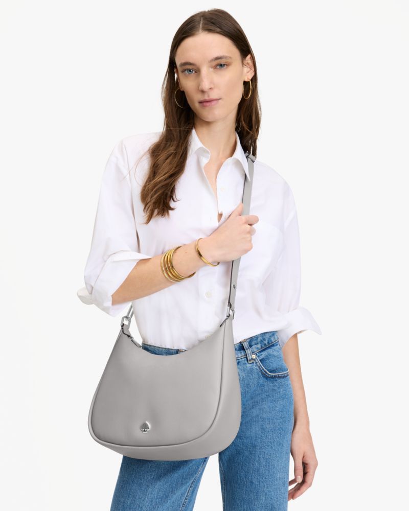 Kate Spade,Kayla Large Shoulder Bag,Leather,Shoulder Bag,Metal Material,Logo,Metal,Adjustable,Gold Metal,Casual,Gray