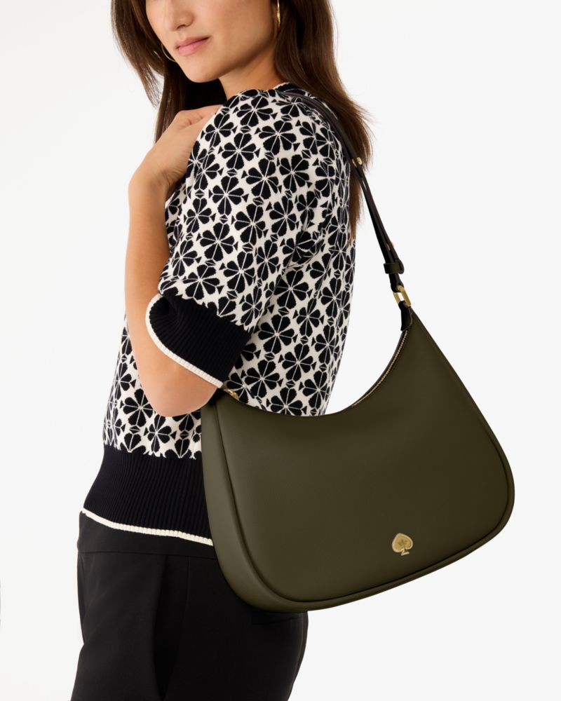 Kate Spade,Kayla Large Shoulder Bag,Leather,Shoulder Bag,Metal Material,Logo,Metal,Adjustable,Gold Metal,Casual,Olive