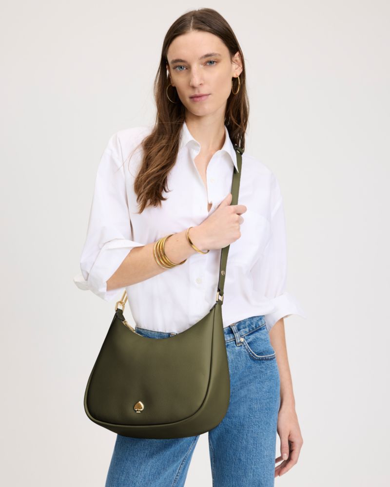 Kate Spade,Kayla Large Shoulder Bag,Leather,Shoulder Bag,Metal Material,Logo,Metal,Adjustable,Gold Metal,Casual,Olive