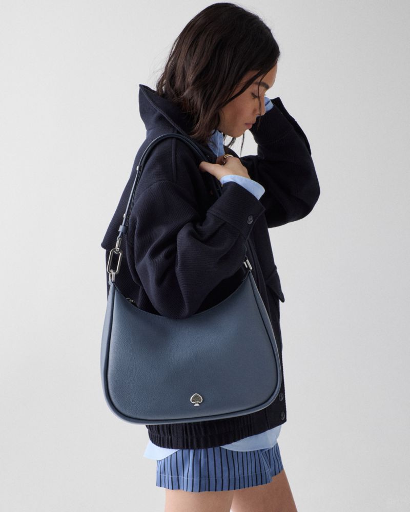 Kate Spade,Kayla Large Shoulder Bag,Leather,Shoulder Bag,Metal Material,Metal,Logo,Adjustable,Gold Metal,Casual,Blue