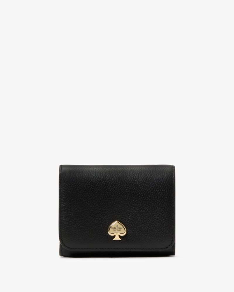 Kate Spade,Kayla Small L-zip Wallet,Leather,Bi Fold,Metal Material,Metal,Logo,Gold Metal,Casual,Black