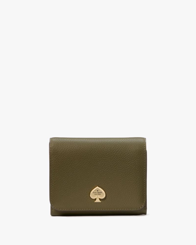 Kate Spade,Kayla Small L-zip Wallet,Leather,Bi Fold,Metal Material,Metal,Logo,Gold Metal,Casual,Olive