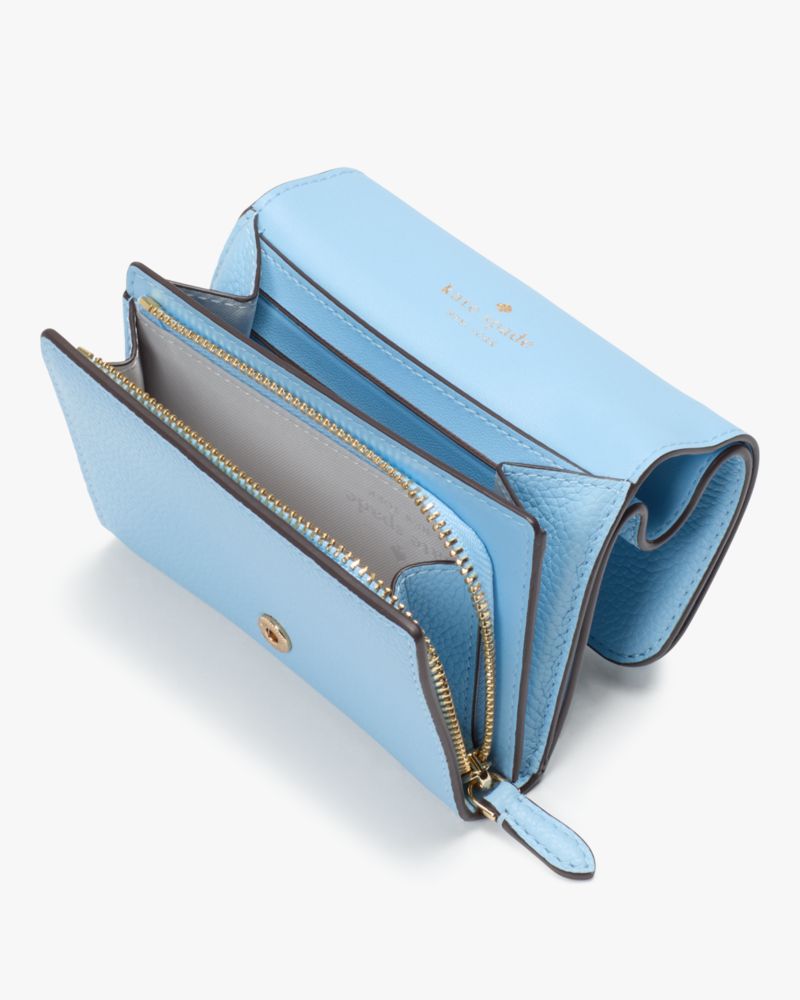 Kate Spade,Kayla Small L-Zip Wallet,Leather,Bi Fold,Metal Material,Metal,Logo,Gold Metal,Casual,Blue
