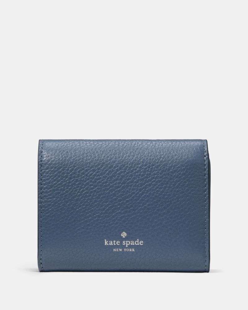 Kate Spade,Kayla Small L-Zip Wallet,Leather,Bi Fold,Metal Material,Logo,Metal,Gold Metal,Casual,Blue