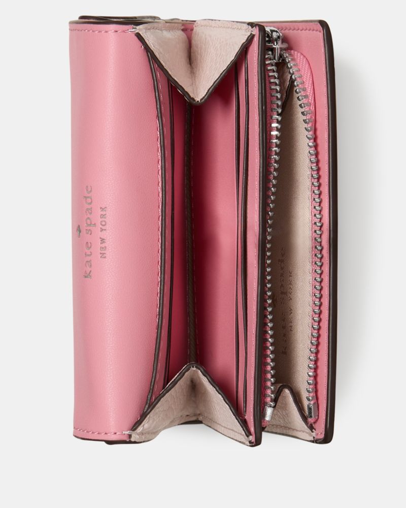 Kate Spade,Kayla Small L-Zip Wallet,Leather,Bi Fold,Metal Material,Metal,Logo,Gold Metal,Casual,Pink