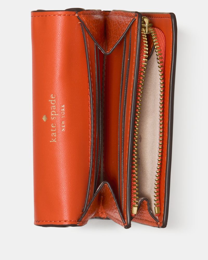Kate Spade,Kayla Small L-Zip Wallet,Leather,Bi Fold,Metal Material,Logo,Metal,Gold Metal,Casual,Burnt Orange