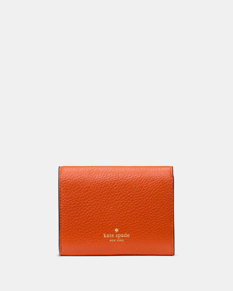 Kate Spade,Kayla Small L-Zip Wallet,Leather,Bi Fold,Metal Material,Logo,Metal,Gold Metal,Casual,Burnt Orange