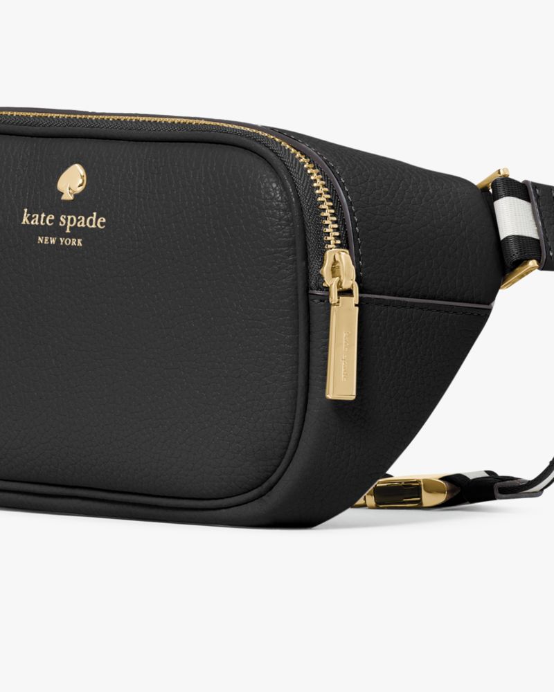 Kate Spade,Emma Belt Bag,Leather,Belt Bag,Logo,Metal,Stripe,Gold Metal,Casual,Black