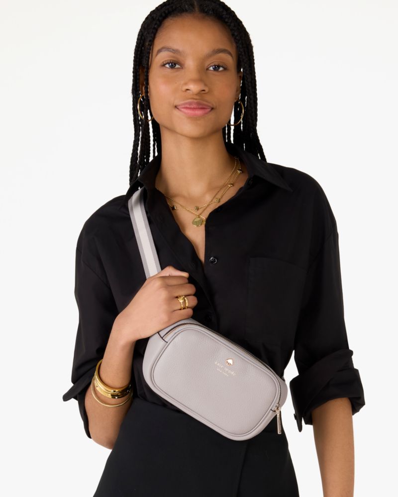 Kate Spade,Emma Belt Bag,Leather,Belt Bag,Logo,Stripe,Metal,Gold Metal,Casual,Gray