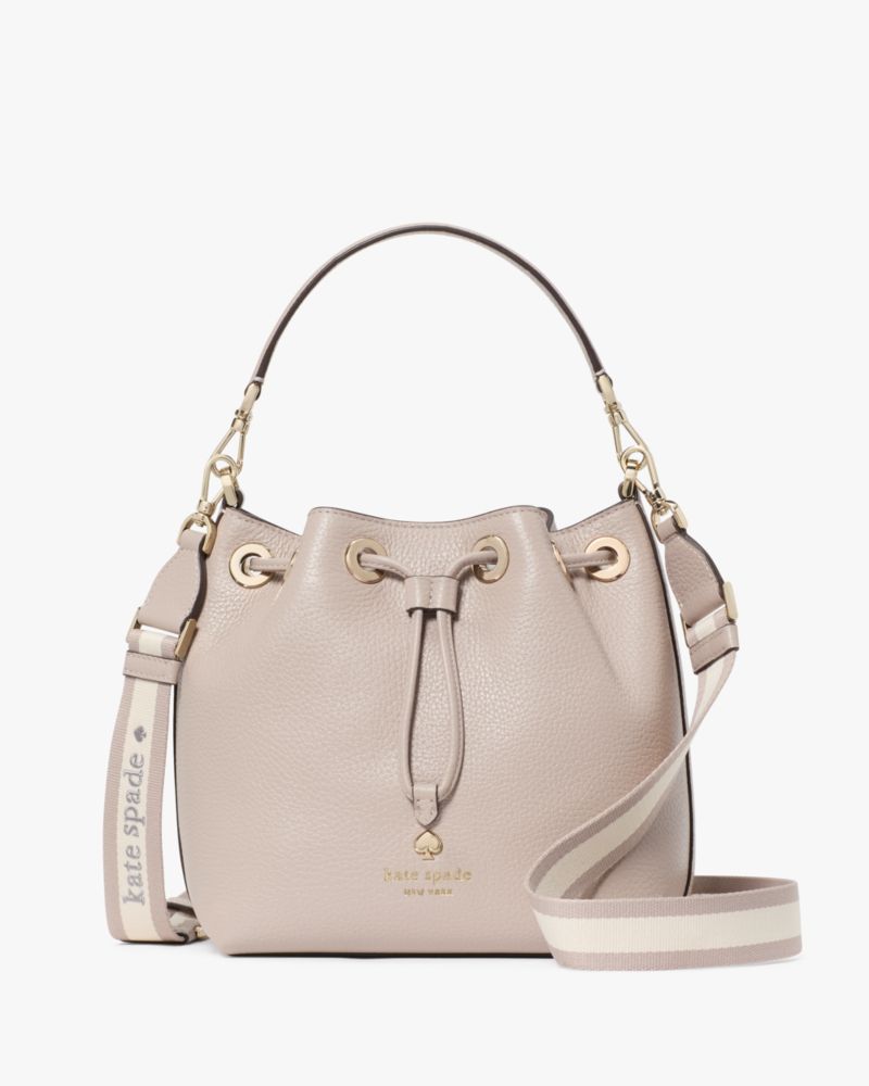 Kate Spade,Emma Small Bucket Bag,Leather,Crossbody,Logo,Stripe,Metal,Gold Metal,Casual,Day Party,Cream
