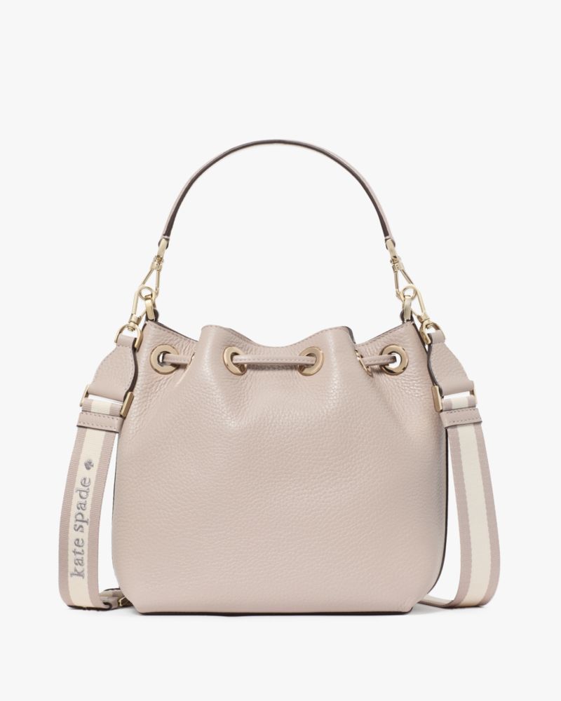 Kate Spade,Emma Small Bucket Bag,Leather,Crossbody,Logo,Stripe,Metal,Gold Metal,Casual,Day Party,Cream