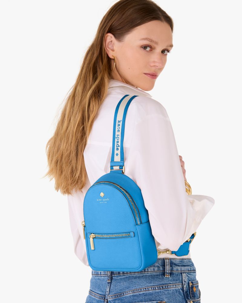 Kate Spade,Emma Small Backpack,Leather,Slingback,Metal,Logo,Stripe,Gold Metal,Casual,Blue