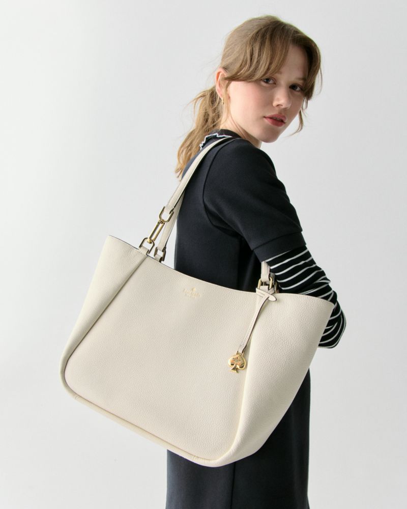 Kate Spade,Kayla Large Tote,Leather,Tote,Logo,Metal,Casual,Cream